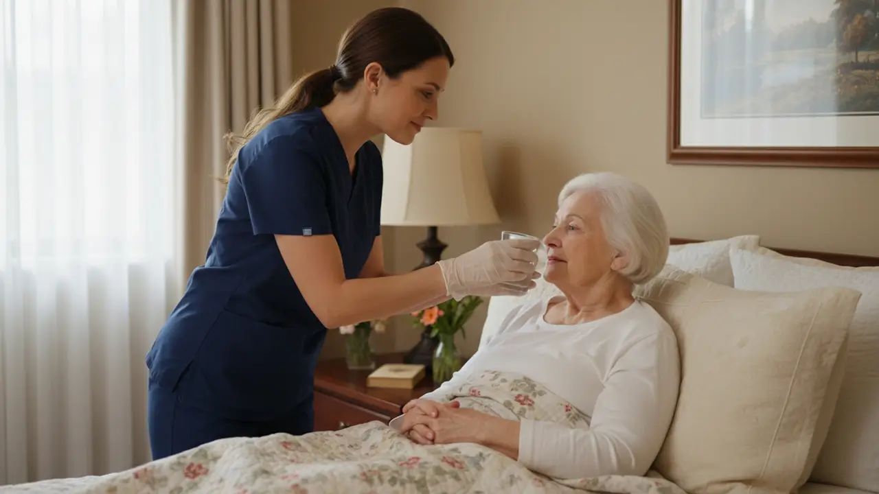 Elderly patient receiving palliative care at home with the support of a professional at-home nurse.