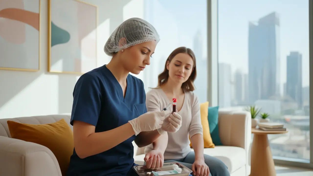 Safe and hygienic home blood test conducted by DHA-approved nurse