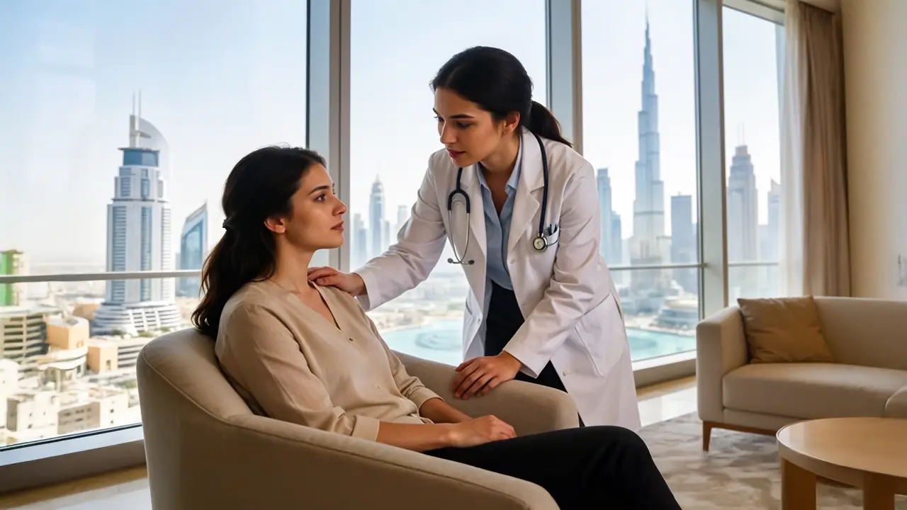 5 Signs It’s Time To Consult A Doctor Instead Of Self-Medication Female doctor examining a woman during a home visit with Dubai skyline in the background.