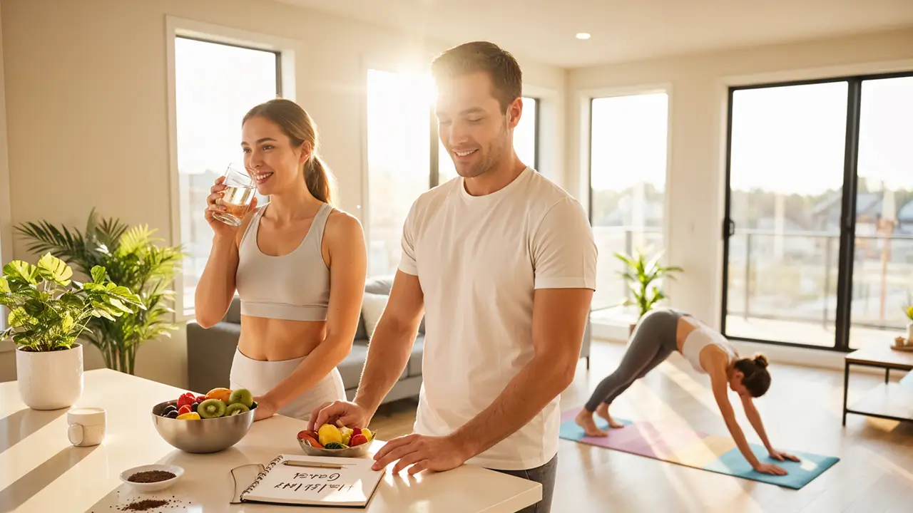 Couple preparing healthy food and hydration routine at home with exercise session.