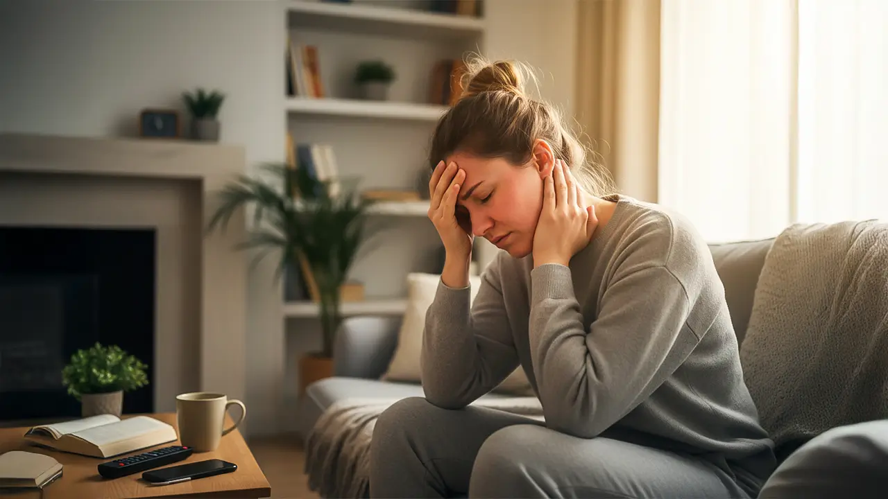Mind And Body Wellness: Why Mental Health Shapes Physical Wellbeing Woman sitting at home holding her head in stress, showing how stress affects physical health.