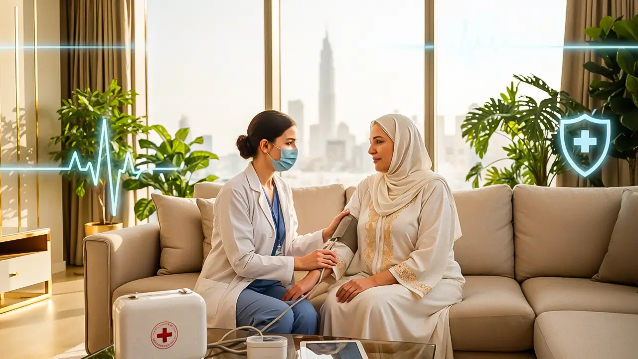 Female doctor checking blood pressure of a patient at home as part of preventive healthcare services in UAE.