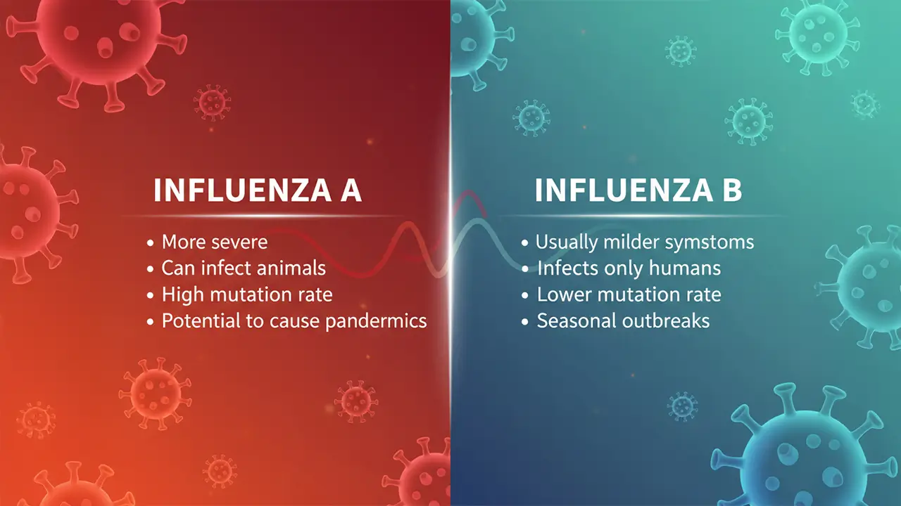 Infographic comparing Influenza A and Influenza B showing symptoms, mutation rate, and severity differences
