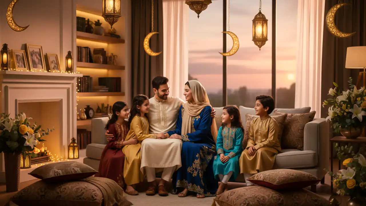 Muslim family celebrating Eid together at home with traditional decorations and warm lighting.