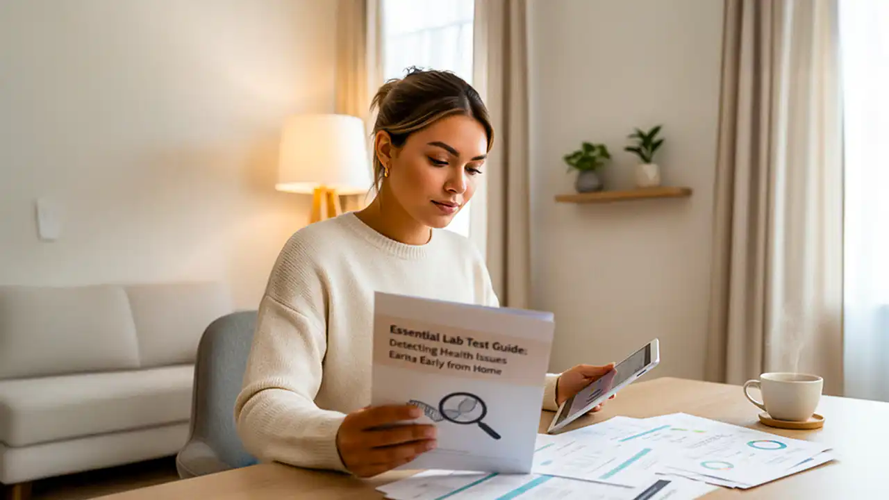 Woman reviewing essential lab test guide and health reports at home while using a tablet.