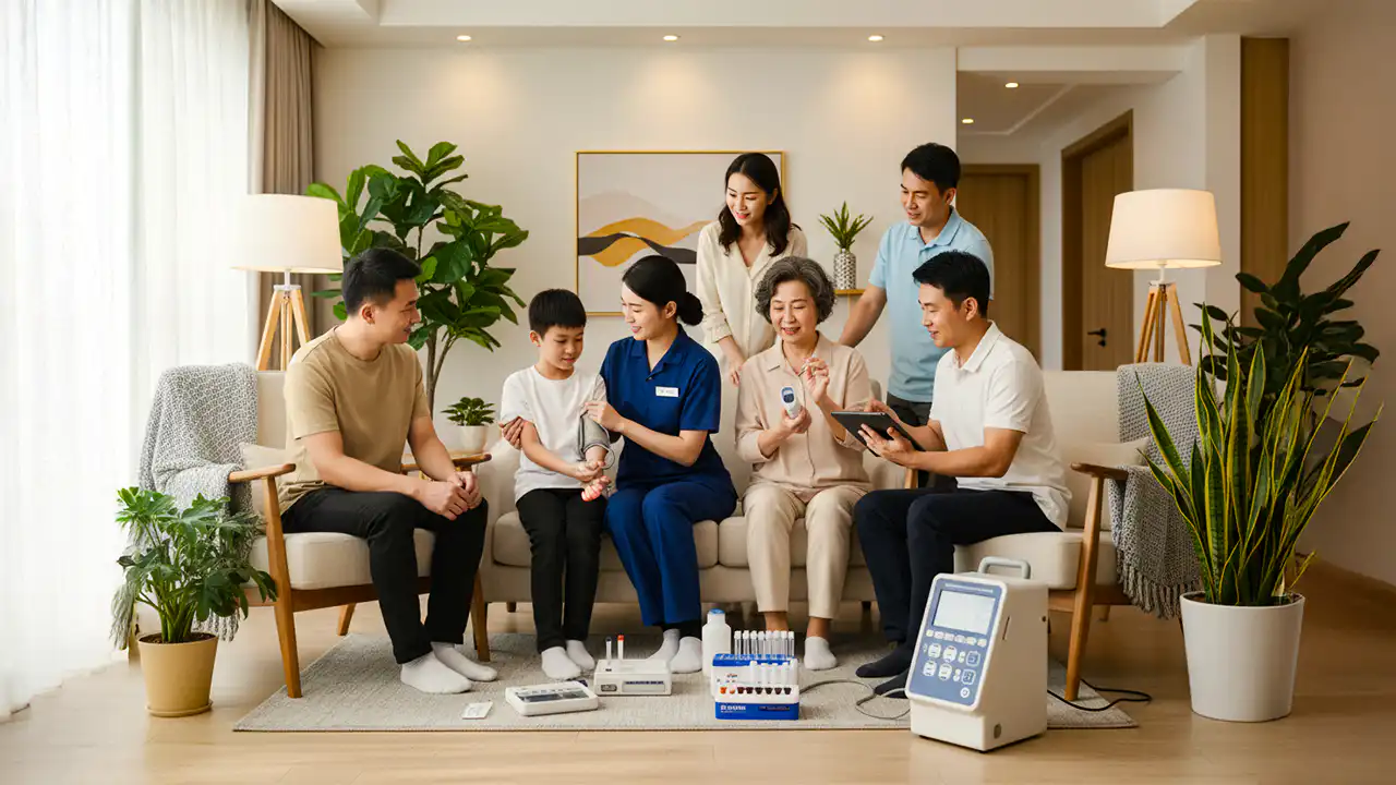 Healthcare professional performing lab tests at home for a family including elderly and child.