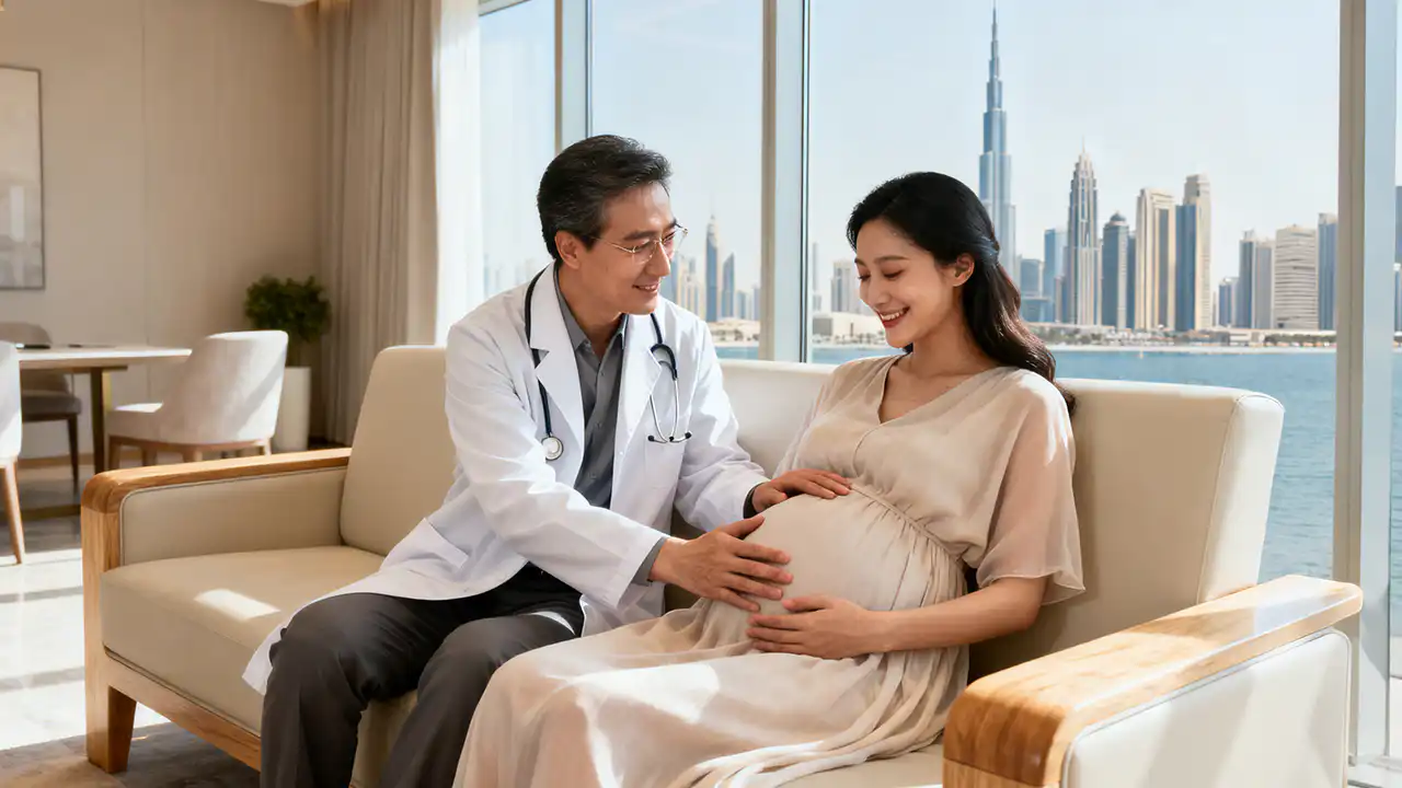 Gynecologist consulting pregnant woman at home in Dubai with city skyline view.