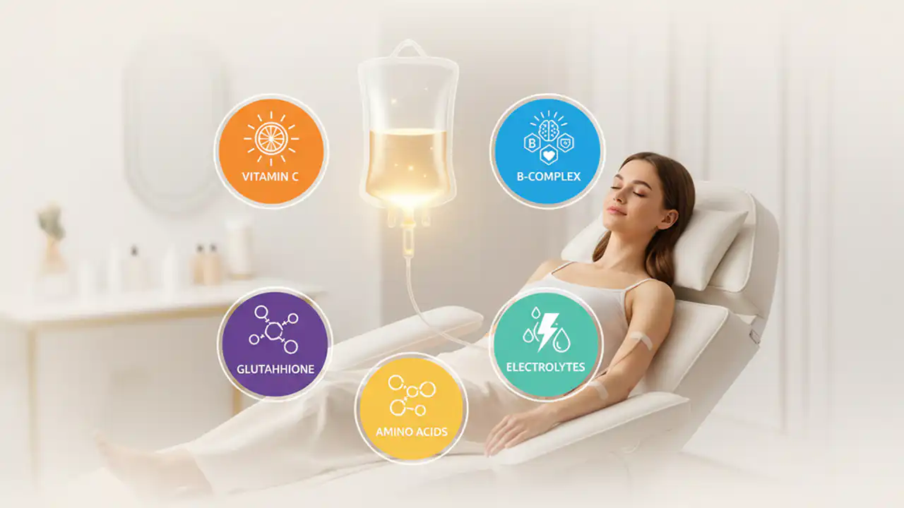 Woman receiving Glow IV drip therapy with vitamin C, B-complex, glutathione, amino acids, and electrolytes for skin and wellness.