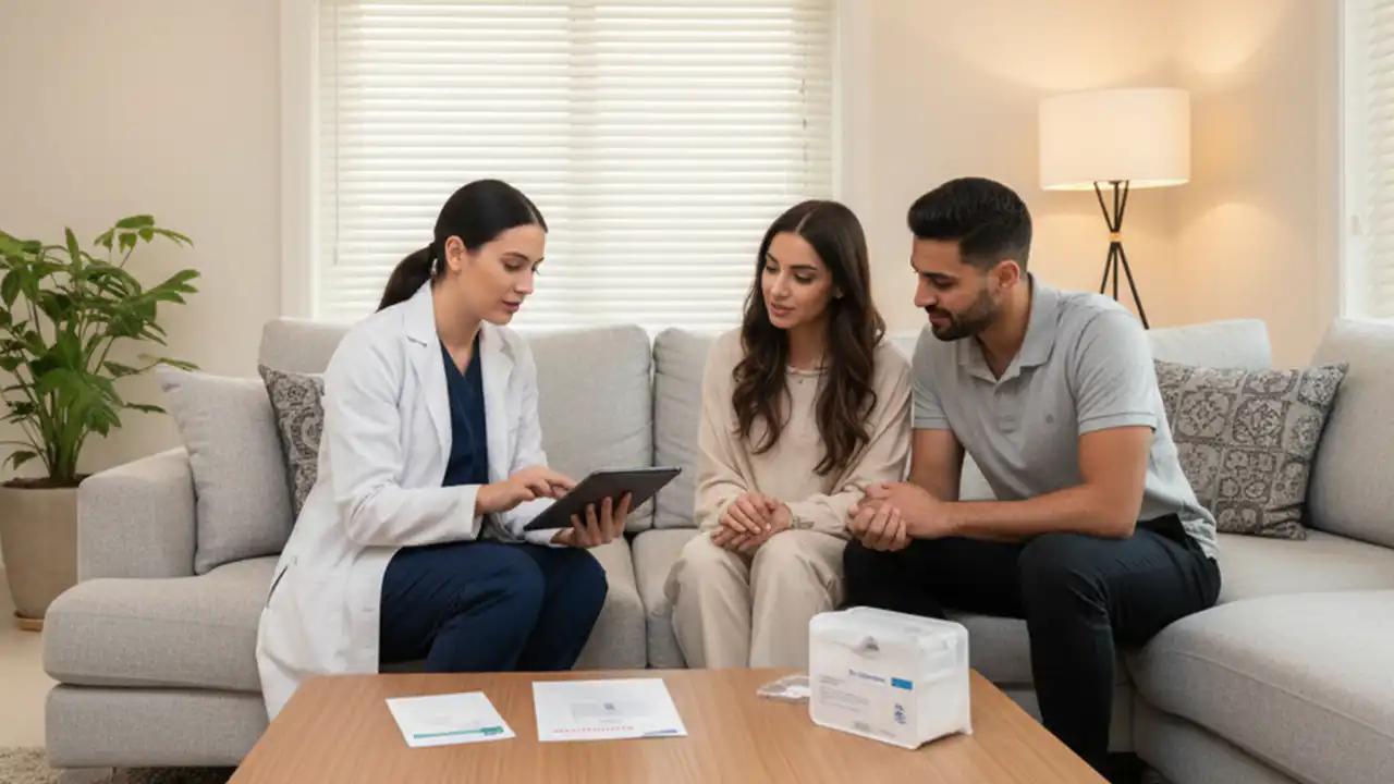 Doctor explaining STD test results to a couple during home consultation in Dubai.
