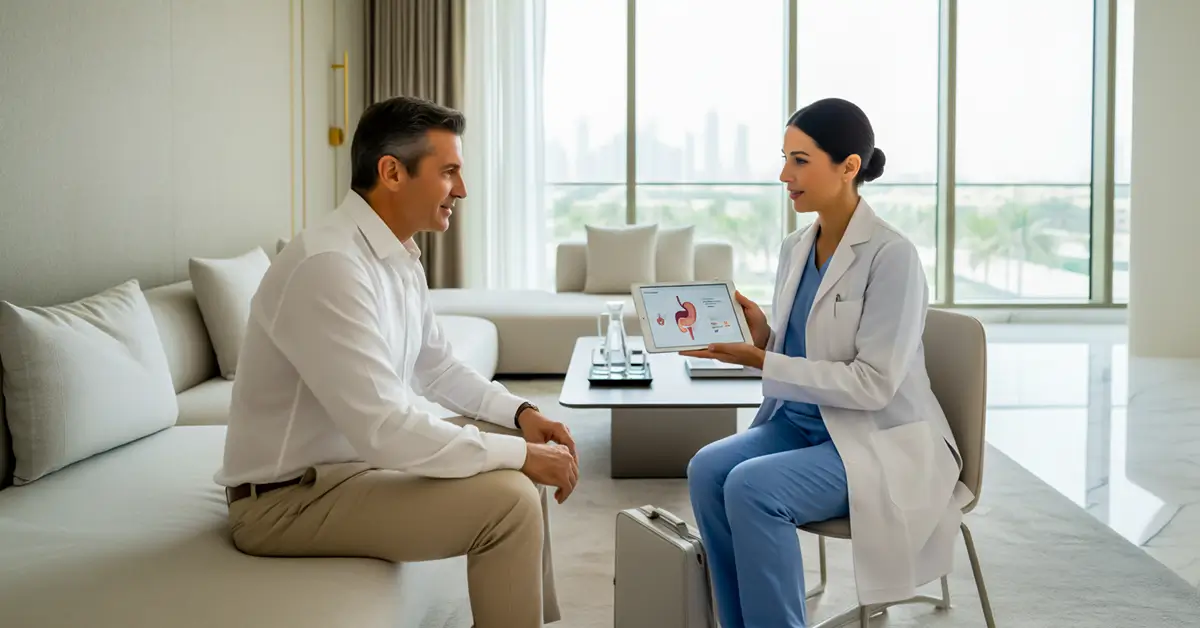 Urologist in Dubai consulting male patient at home and explaining urinary health using tablet
