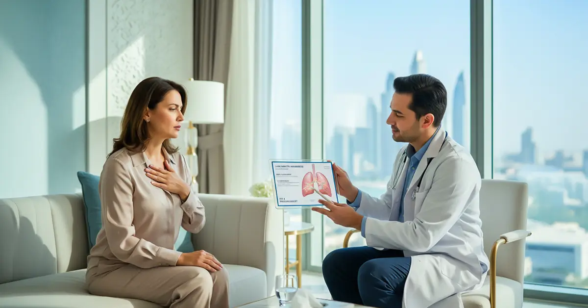 Pulmonologist in Dubai consulting patient about lung health using tablet