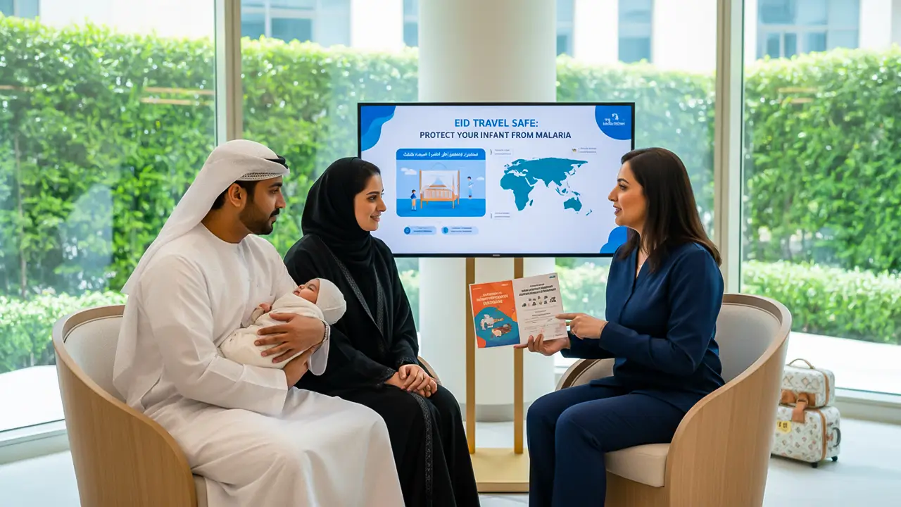 Doctor giving malaria prevention during travel advice to UAE family with infant before international trip.