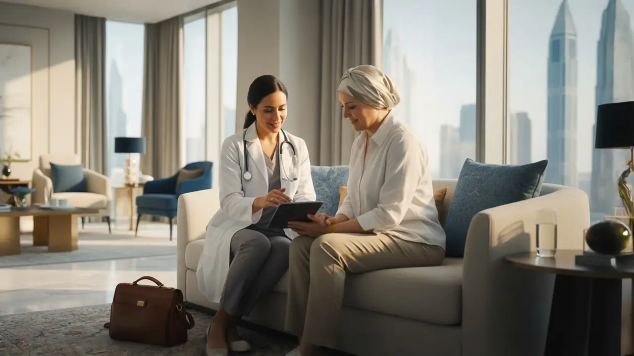 Oncologist in Dubai consulting with a patient at home and discussing cancer symptoms, diagnosis, and treatment options.